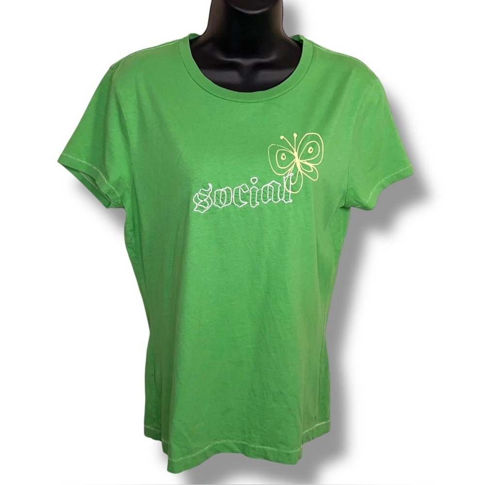 Y2K Vintage Medium American Eagle Green Tshirt Women Social Butterfly Embroidery